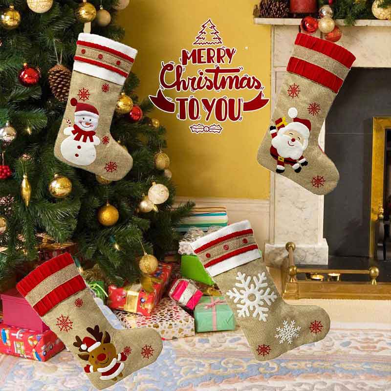 2020 New Hot Sale Christmas Ornaments Linen Embroidered Christmas Stocking Gift Bag Christmas Decoration