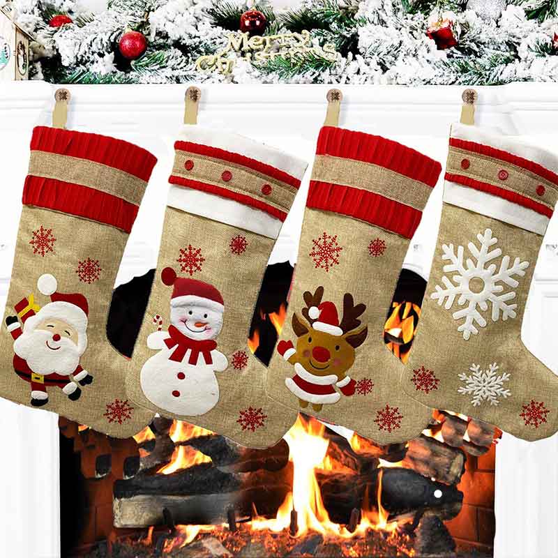 2020 New Hot Sale Christmas Ornaments Linen Embroidered Christmas Stocking Gift Bag Christmas Decoration